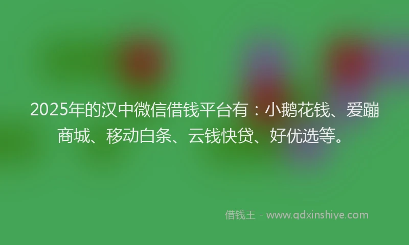 2025年的汉中微信借钱平台有：小鹅花钱、爱蹦商城、移动白条、云钱快贷、好优选等。