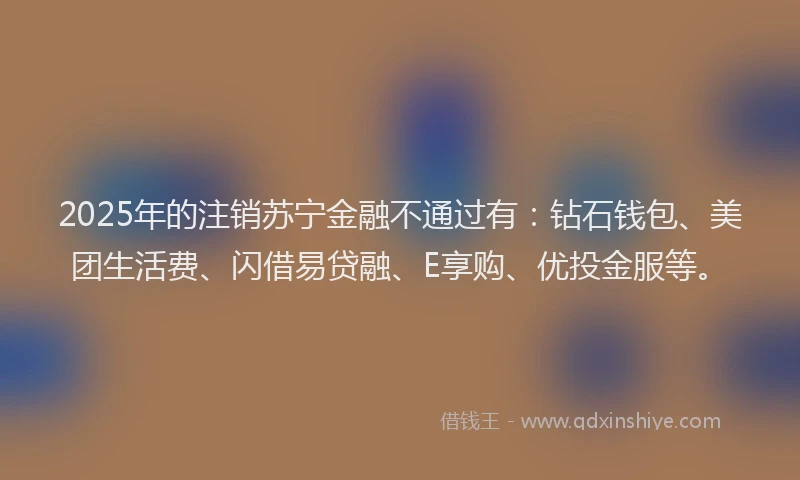 2025年的注销苏宁金融不通过有：钻石钱包、美团生活费、闪借易贷融、E享购、优投金服等。