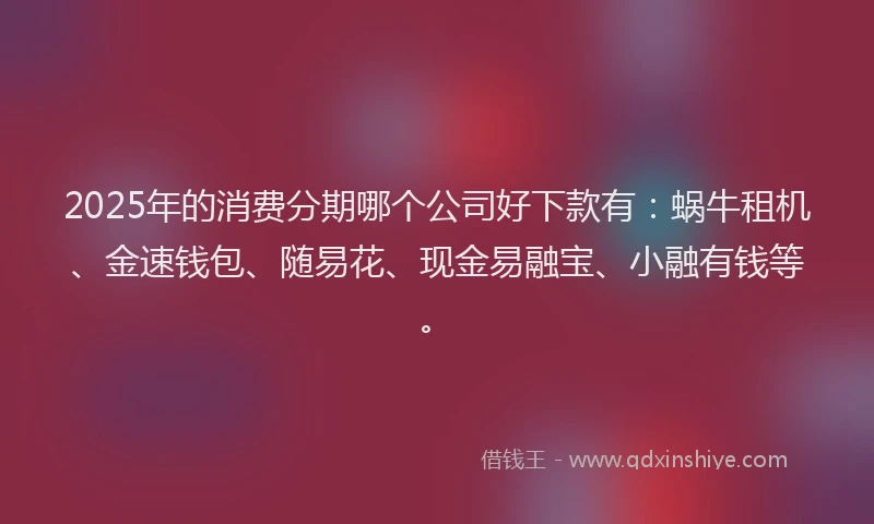 2025年的消费分期哪个公司好下款有：蜗牛租机、金速钱包、随易花、现金易融宝、小融有钱等。
