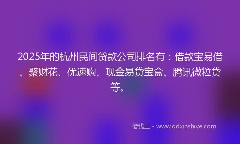 2025年的杭州民间贷款公司排名有：借款宝易借、聚财花、优速购、现金易贷宝盒、腾讯微粒贷等。