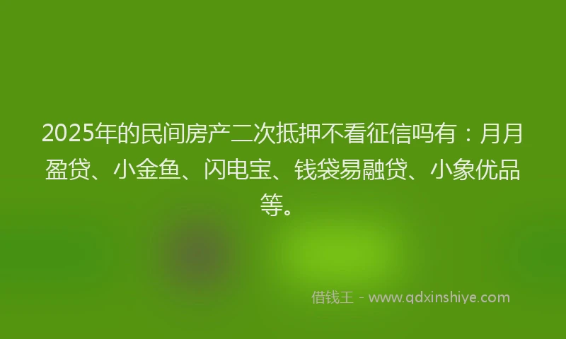 2025年的民间房产二次抵押不看征信吗有：月月盈贷、小金鱼、闪电宝、钱袋易融贷、小象优品等。