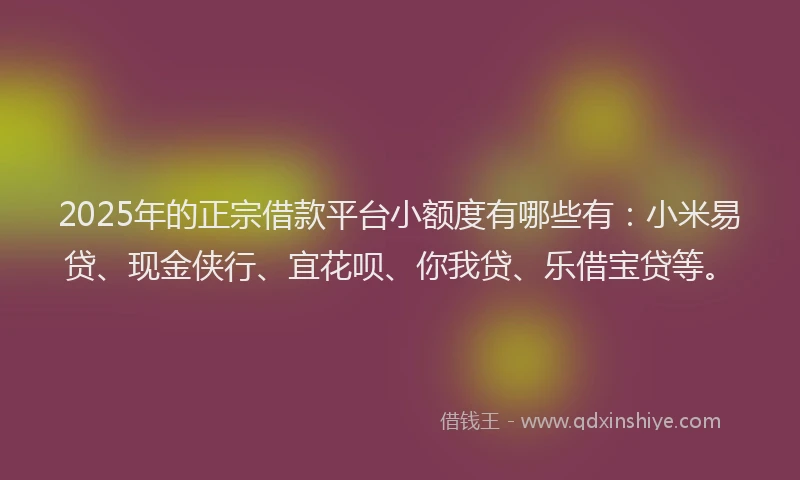 2025年的正宗借款平台小额度有哪些有：小米易贷、现金侠行、宜花呗、你我贷、乐借宝贷等。
