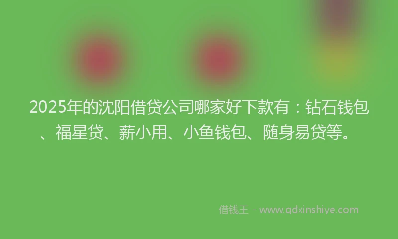 2025年的沈阳借贷公司哪家好下款有：钻石钱包、福星贷、薪小用、小鱼钱包、随身易贷等。