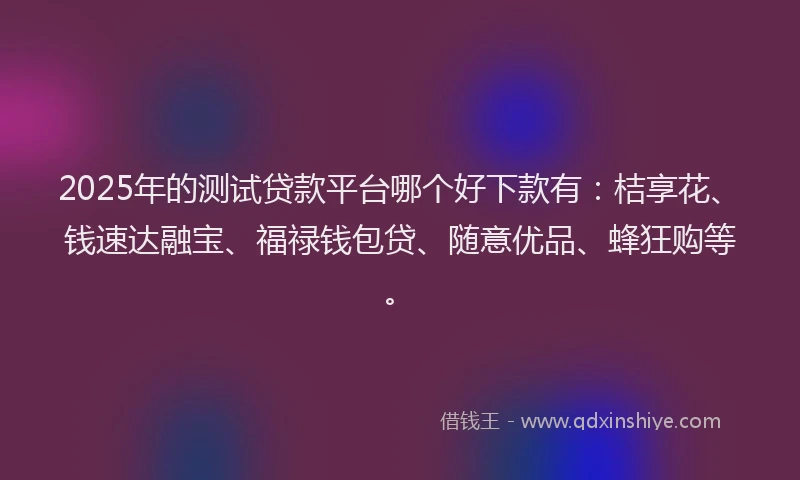 2025年的测试贷款平台哪个好下款有：桔享花、钱速达融宝、福禄钱包贷、随意优品、蜂狂购等。