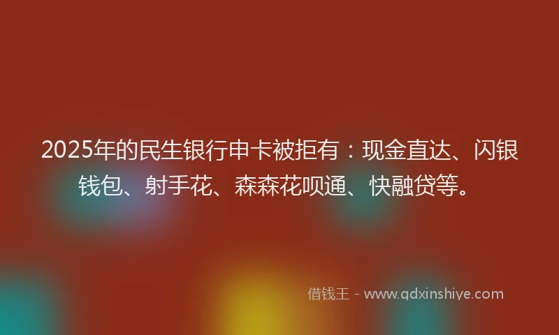 2025年的民生银行申卡被拒有：现金直达、闪银钱包、射手花、森森花呗通、快融贷等。