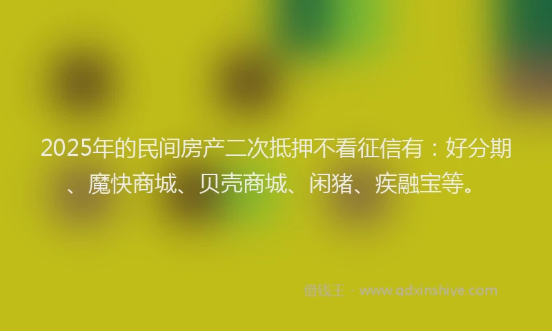 2025年的民间房产二次抵押不看征信有：好分期、魔快商城、贝壳商城、闲猪、疾融宝等。
