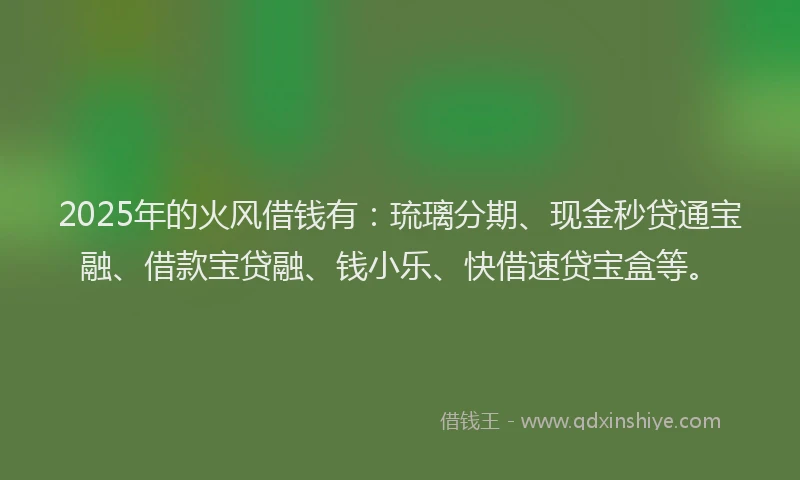 2025年的火风借钱有：琉璃分期、现金秒贷通宝融、借款宝贷融、钱小乐、快借速贷宝盒等。