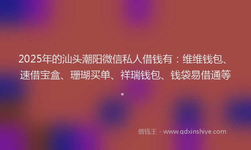 2025年的汕头潮阳微信私人借钱有：维维钱包、速借宝盒、珊瑚买单、祥瑞钱包、钱袋易借通等。