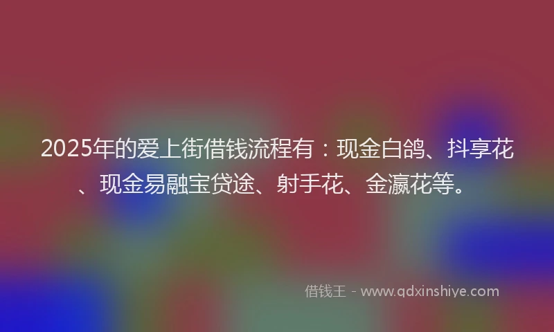 2025年的爱上街借钱流程有：现金白鸽、抖享花、现金易融宝贷途、射手花、金瀛花等。