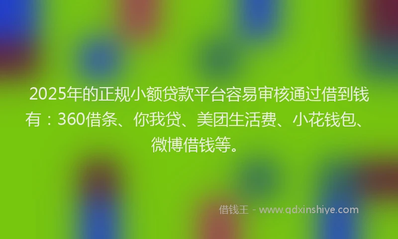 2025年的正规小额贷款平台容易审核通过借到钱有：360借条、你我贷、美团生活费、小花钱包、微博借钱等。