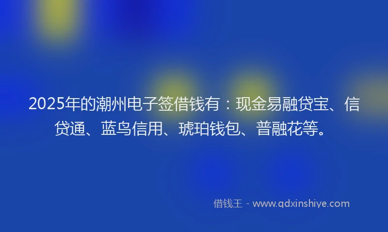 2025年的潮州电子签借钱有：现金易融贷宝、信贷通、蓝鸟信用、琥珀钱包、普融花等。