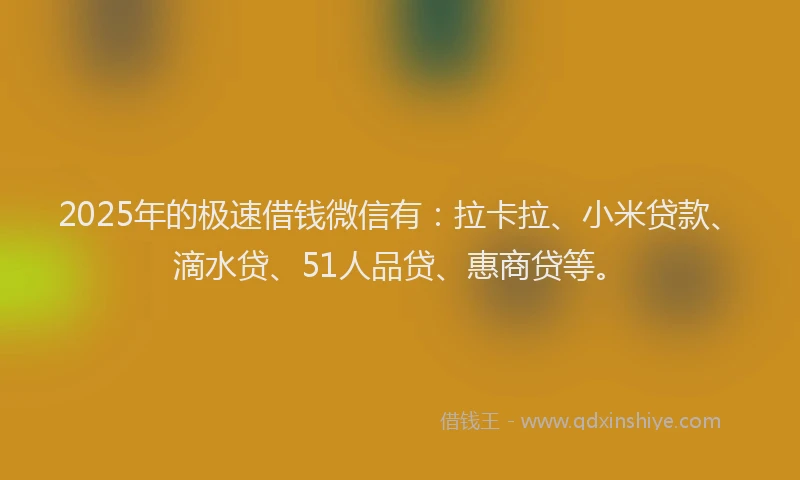 2025年的极速借钱微信有：拉卡拉、小米贷款、滴水贷、51人品贷、惠商贷等。