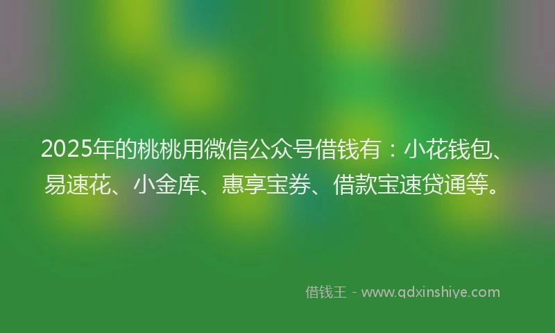 2025年的桃桃用微信公众号借钱有：小花钱包、易速花、小金库、惠享宝券、借款宝速贷通等。
