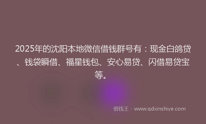 2025年的沈阳本地微信借钱群号有：现金白鸽贷、钱袋瞬借、福星钱包、安心易贷、闪借易贷宝等。