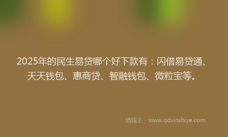 2025年的民生易贷哪个好下款有：闪借易贷通、天天钱包、惠商贷、智融钱包、微粒宝等。