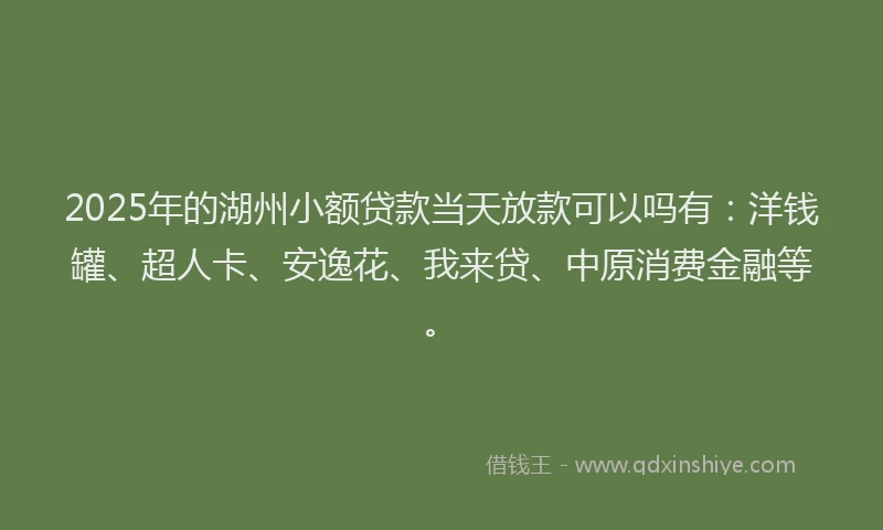 2025年的湖州小额贷款当天放款可以吗有：洋钱罐、超人卡、安逸花、我来贷、中原消费金融等。