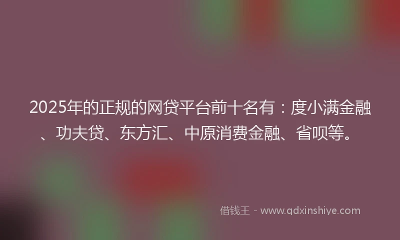 2025年的正规的网贷平台前十名有：度小满金融、功夫贷、东方汇、中原消费金融、省呗等。