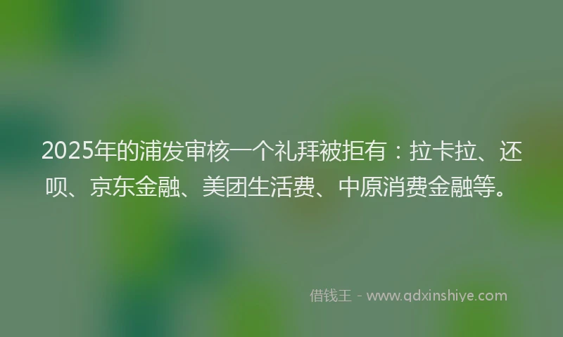 2025年的浦发审核一个礼拜被拒有：拉卡拉、还呗、京东金融、美团生活费、中原消费金融等。