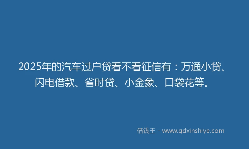 2025年的汽车过户贷看不看征信有:万通小贷、闪电借款、省时贷、小金象、口袋花等。