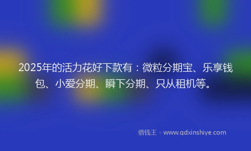 2025年的活力花好下款有：微粒分期宝、乐享钱包、小爱分期、瞬下分期、只从租机等。