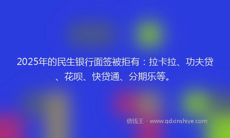 2025年的民生银行面签被拒有：拉卡拉、功夫贷、花呗、快贷通、分期乐等。