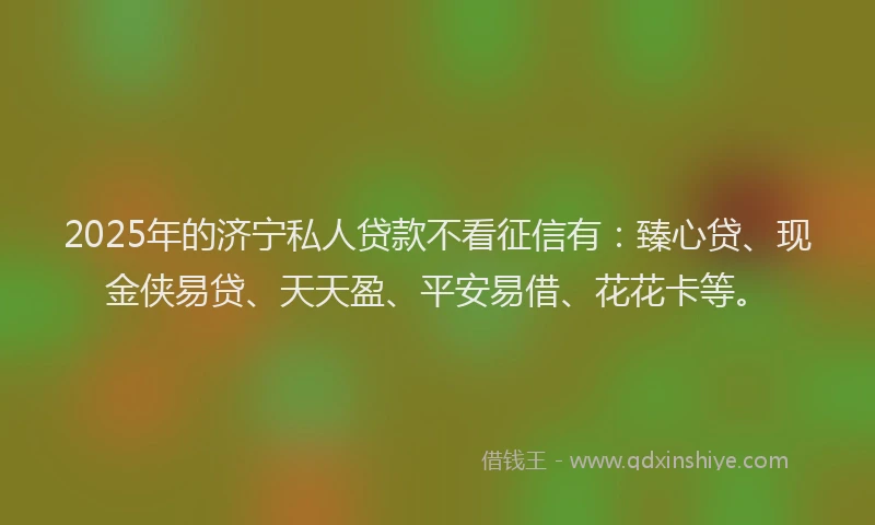 2025年的济宁私人贷款不看征信有：臻心贷、现金侠易贷、天天盈、平安易借、花花卡等。