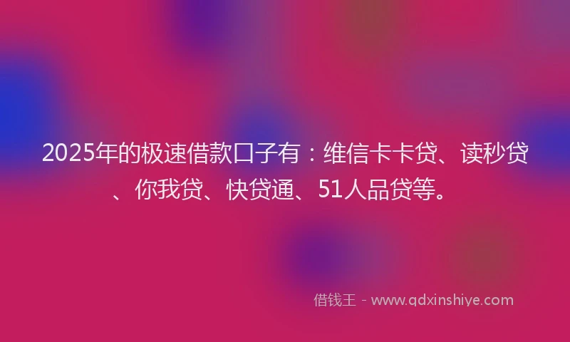 2025年的极速借款口子有：维信卡卡贷、读秒贷、你我贷、快贷通、51人品贷等。