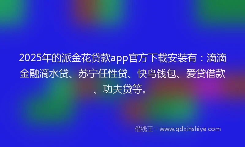 2025年的派金花贷款app官方下载安装有：滴滴金融滴水贷、苏宁任性贷、快鸟钱包、爱贷借款、功夫贷等。