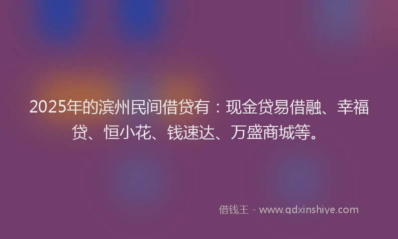 2025年的滨州民间借贷有：现金贷易借融、幸福贷、恒小花、钱速达、万盛商城等。