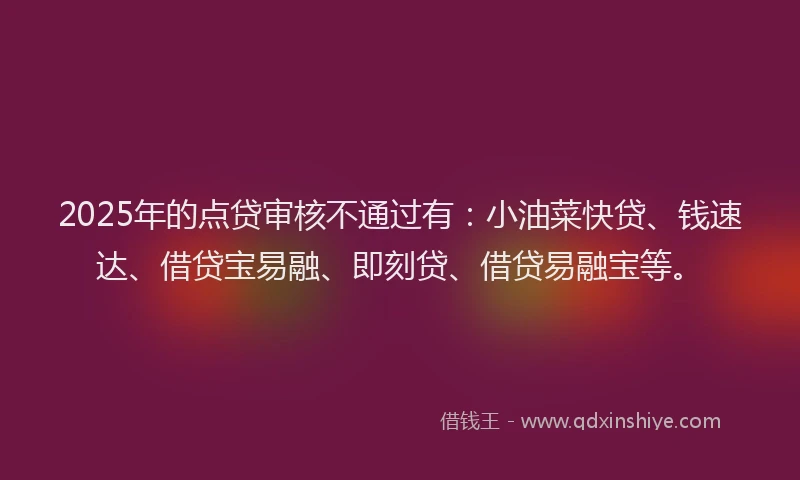 2025年的点贷审核不通过有:小油菜快贷、钱速达、借贷宝易融、即刻贷、借贷易融宝等。