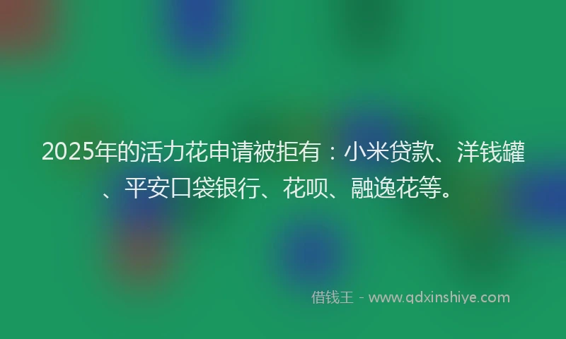 2025年的活力花申请被拒有：小米贷款、洋钱罐、平安口袋银行、花呗、融逸花等。