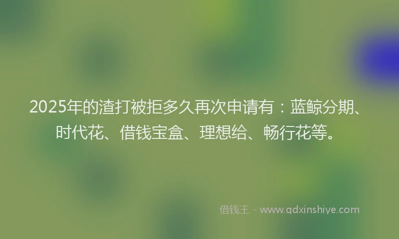 2025年的渣打被拒多久再次申请有：蓝鲸分期、时代花、借钱宝盒、理想给、畅行花等。