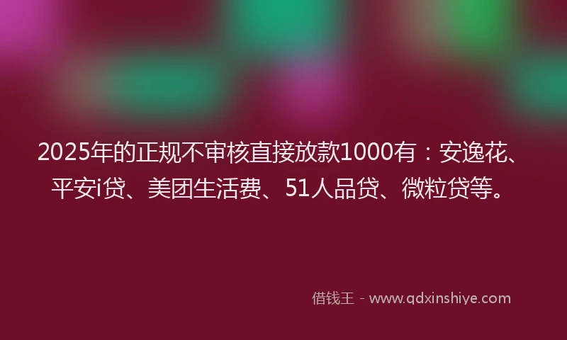 2025年的正规不审核直接放款1000有：安逸花、平安i贷、美团生活费、51人品贷、微粒贷等。