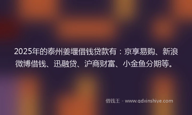 2025年的泰州姜堰借钱贷款有：京享易购、新浪微博借钱、迅融贷、沪商财富、小金鱼分期等。