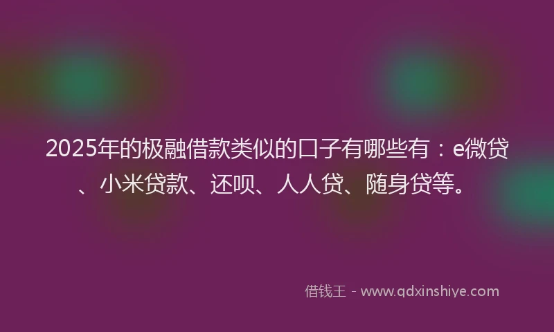 2025年的极融借款类似的口子有哪些有：e微贷、小米贷款、还呗、人人贷、随身贷等。
