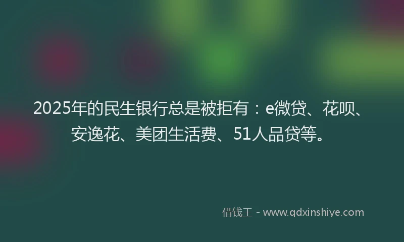 2025年的民生银行总是被拒有：e微贷、花呗、安逸花、美团生活费、51人品贷等。