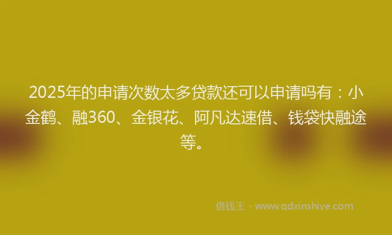 2025年的申请次数太多贷款还可以申请吗有：小金鹤、融360、金银花、阿凡达速借、钱袋快融途等。