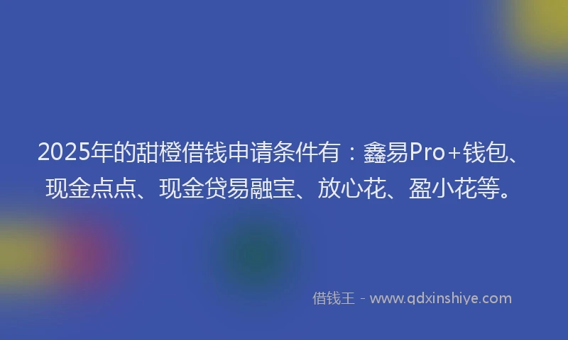 2025年的甜橙借钱申请条件有：鑫易Pro+钱包、现金点点、现金贷易融宝、放心花、盈小花等。