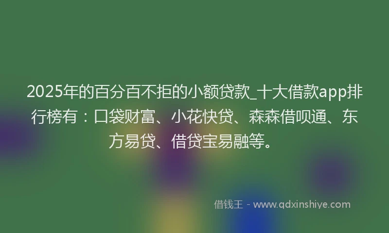 2025年的百分百不拒的小额贷款_十大借款app排行榜有：口袋财富、小花快贷、森森借呗通、东方易贷、借贷宝易融等。