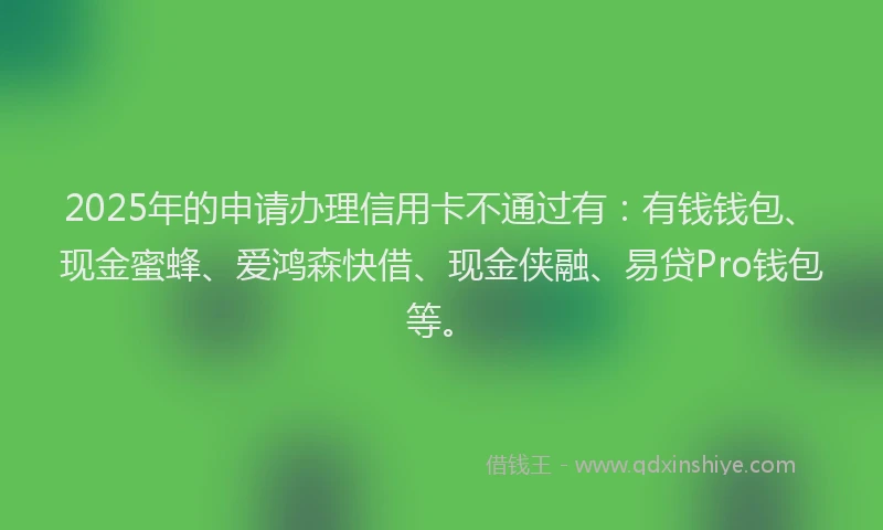 2025年的申请办理信用卡不通过有：有钱钱包、现金蜜蜂、爱鸿森快借、现金侠融、易贷Pro钱包等。