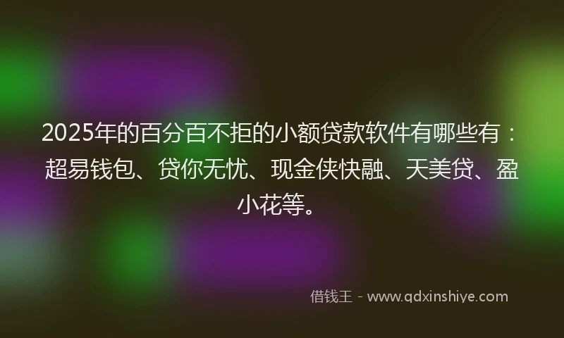 2025年的百分百不拒的小额贷款软件有哪些有：超易钱包、贷你无忧、现金侠快融、天美贷、盈小花等。