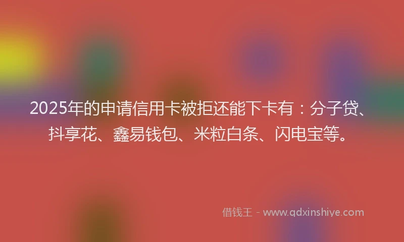 2025年的申请信用卡被拒还能下卡有：分子贷、抖享花、鑫易钱包、米粒白条、闪电宝等。