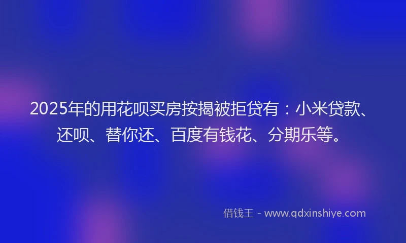 2025年的用花呗买房按揭被拒贷有：小米贷款、还呗、替你还、百度有钱花、分期乐等。