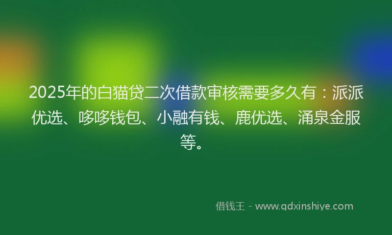 2025年的白猫贷二次借款审核需要多久有：派派优选、哆哆钱包、小融有钱、鹿优选、涌泉金服等。