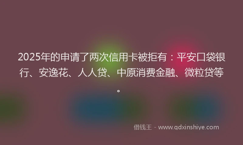 2025年的申请了两次信用卡被拒有：平安口袋银行、安逸花、人人贷、中原消费金融、微粒贷等。
