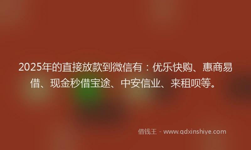 2025年的直接放款到微信有：优乐快购、惠商易借、现金秒借宝途、中安信业、来租呗等。