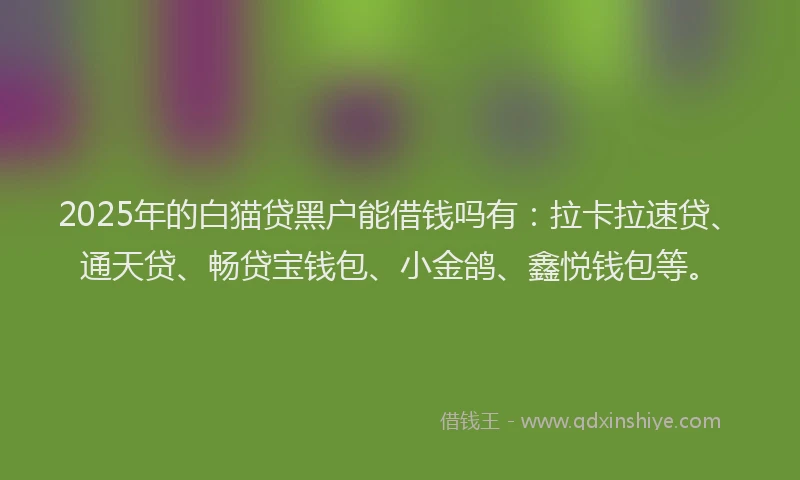 2025年的白猫贷黑户能借钱吗有：拉卡拉速贷、通天贷、畅贷宝钱包、小金鸽、鑫悦钱包等。