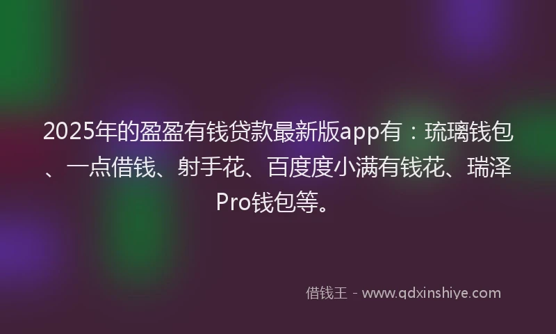 2025年的盈盈有钱贷款最新版app有：琉璃钱包、一点借钱、射手花、百度度小满有钱花、瑞泽Pro钱包等。