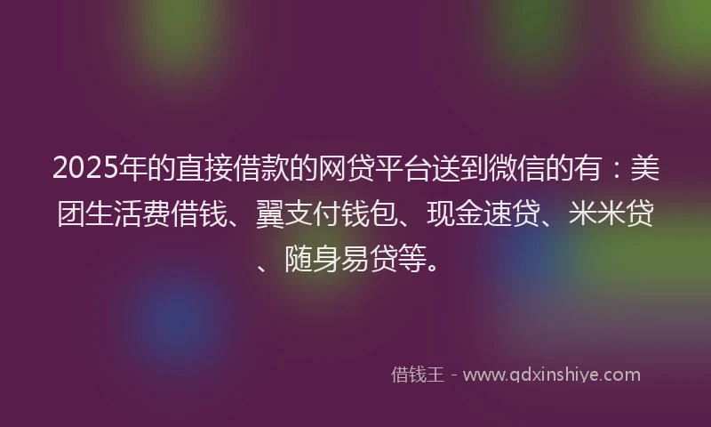 2025年的直接借款的网贷平台送到微信的有：美团生活费借钱、翼支付钱包、现金速贷、米米贷、随身易贷等。