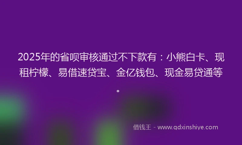 2025年的省呗审核通过不下款有：小熊白卡、现租柠檬、易借速贷宝、金亿钱包、现金易贷通等。